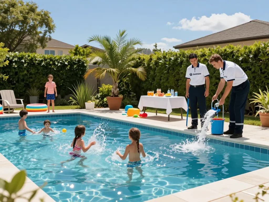 Dolphin Pool Services team inspecting a sparkling pool while a family enjoys a sunny day with kids playing.