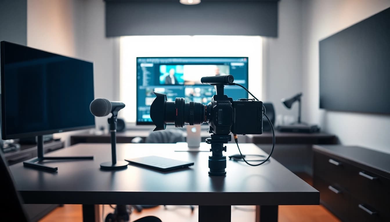 Showcasing video capture setup with a camera, computer, and editing software for content creation.