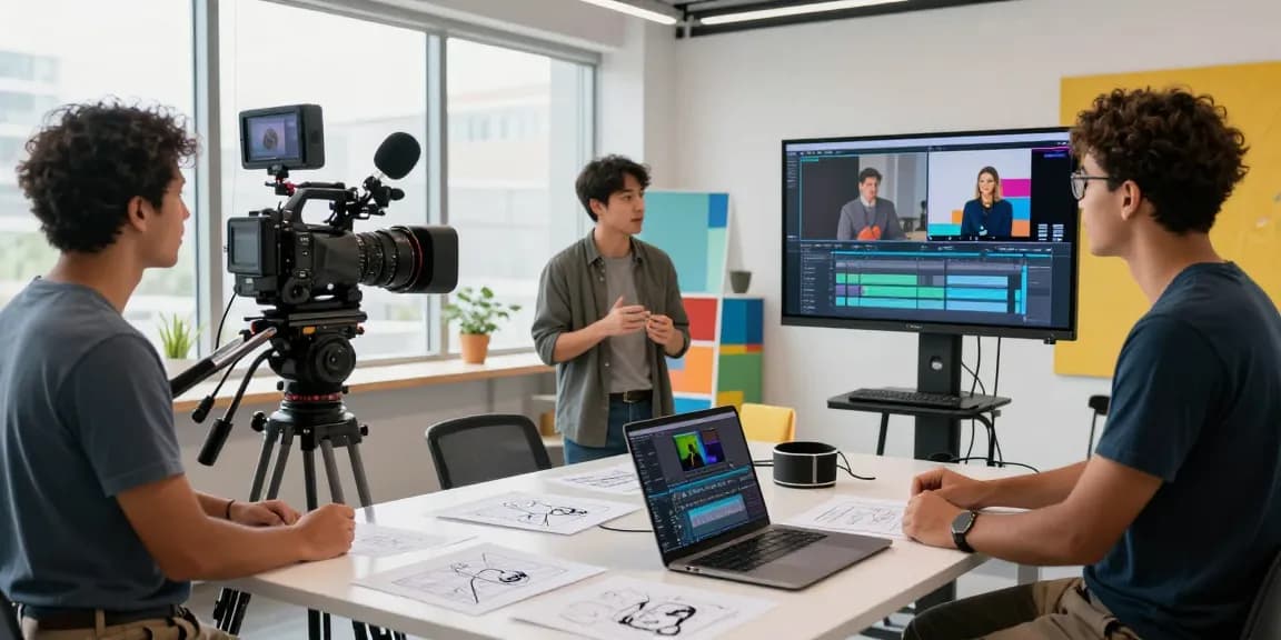 Corporate Video Production team collaborating on a project with cameras and editing tools in a modern studio.