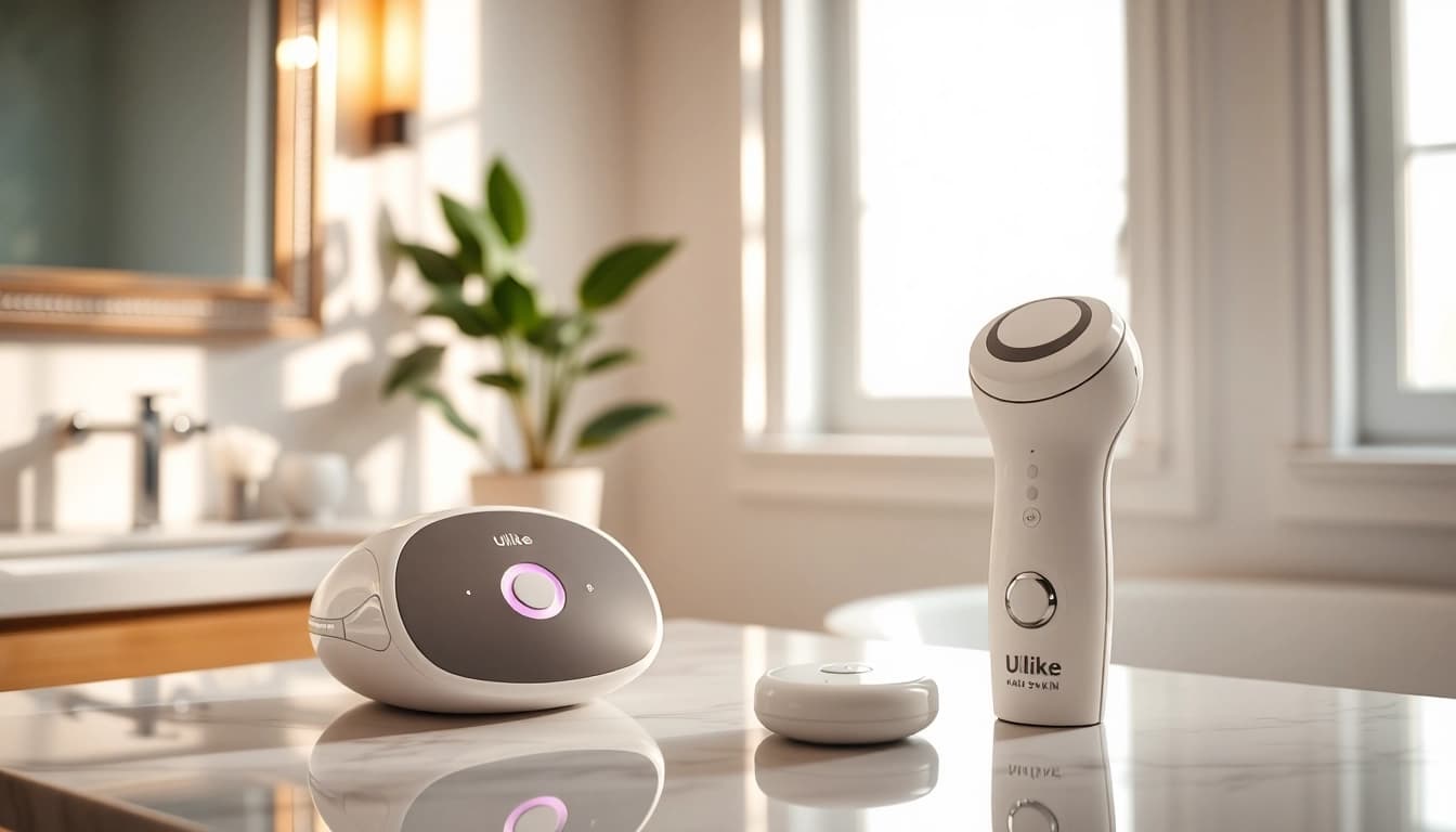 Compare the features of ulike vs 5 min skin hair removal devices in a stylish bathroom setting.