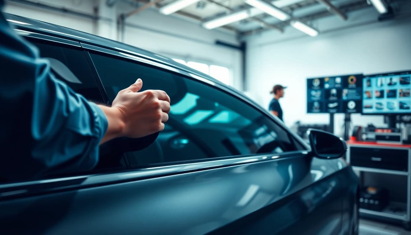 Install window tint near me with expert technicians in a modern garage setting.