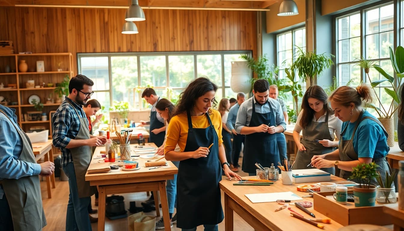 Engaging craft training programs with diverse participants collaborating on projects.