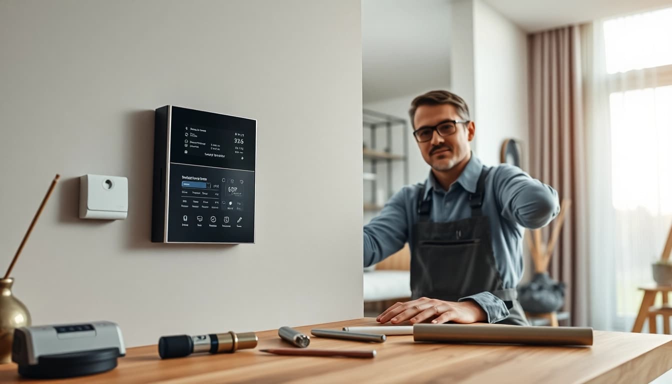 Técnico instalando alarmas de seguridad en una casa moderna para una protección mejorada.