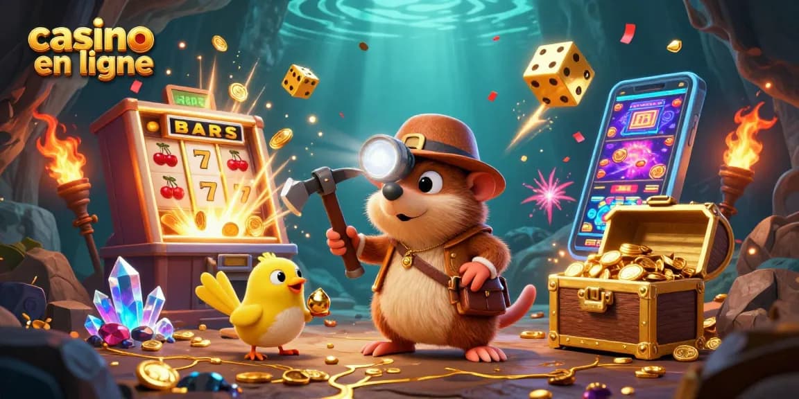 Cette illustration dynamique présente un acteur chanceux du casino en ligne, entouré de machines à sous et de pièces d'or.
