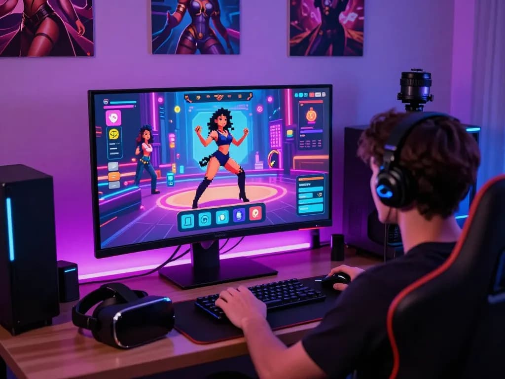 Engaging scene of a player immersed in AI porn games with dynamic graphics.