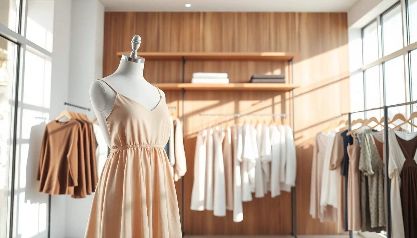 Rivelle showcases a chic clothing display highlighting elegance and craftsmanship.
