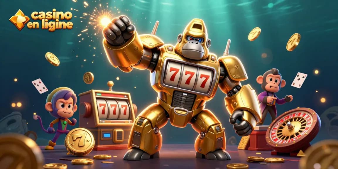 Célébrez votre succès avec le casino en ligne, illustré par un gorille mech et des éléments de jeu fascinants.