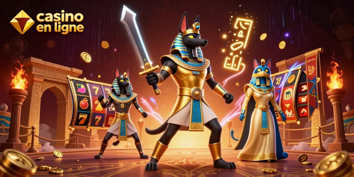 Gagnez en jouant dans un casino en ligne avec Anubis et Bastet entourés de machines à sous.