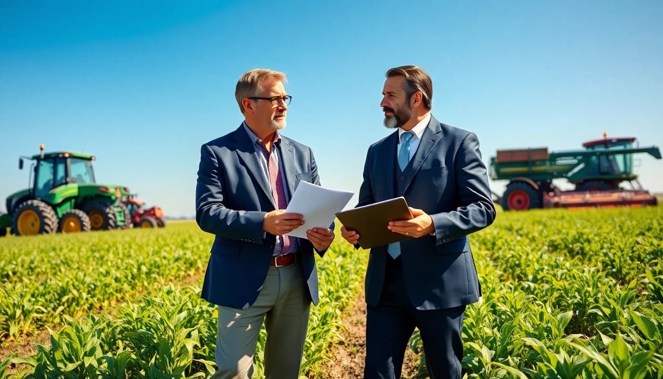 Engaging discussion between a lawyer and a farmer about agriculture law in a sunny field.