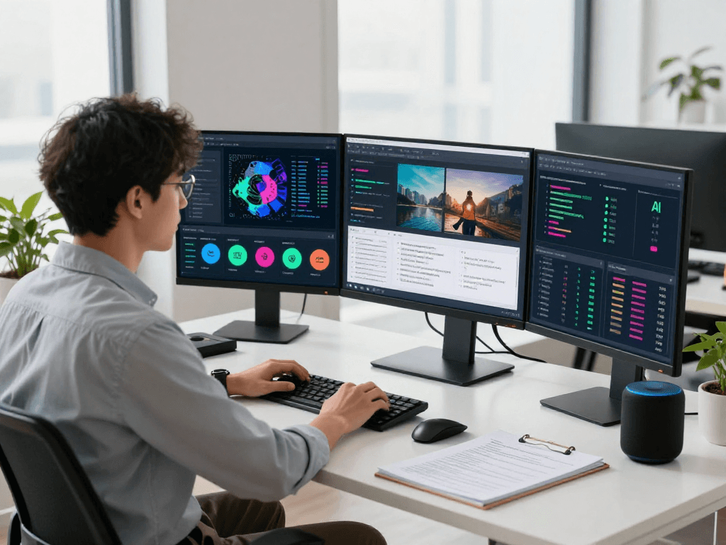 AI image detector analysis workspace with data scientist reviewing moderation tools and metrics.
