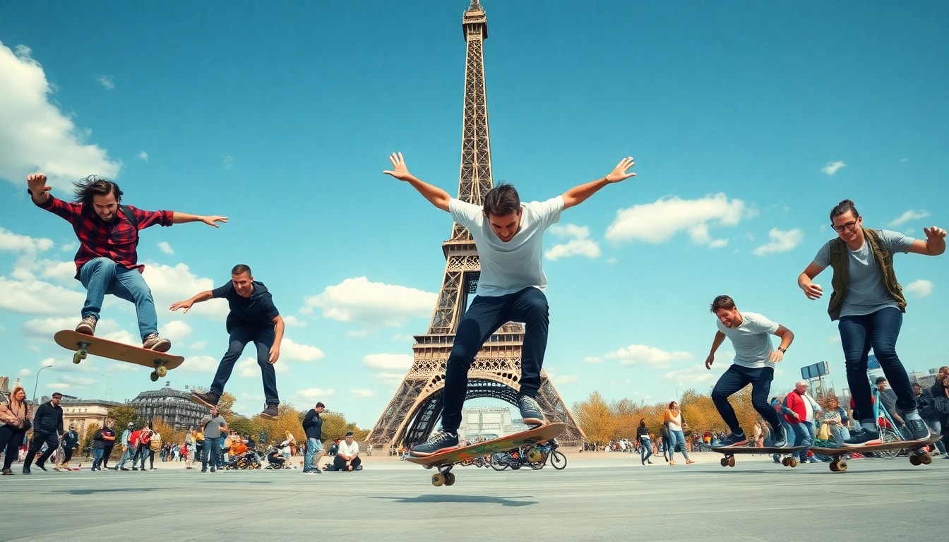 Skate class paris with skateboarders showcasing tricks in a lively urban Paris scene.