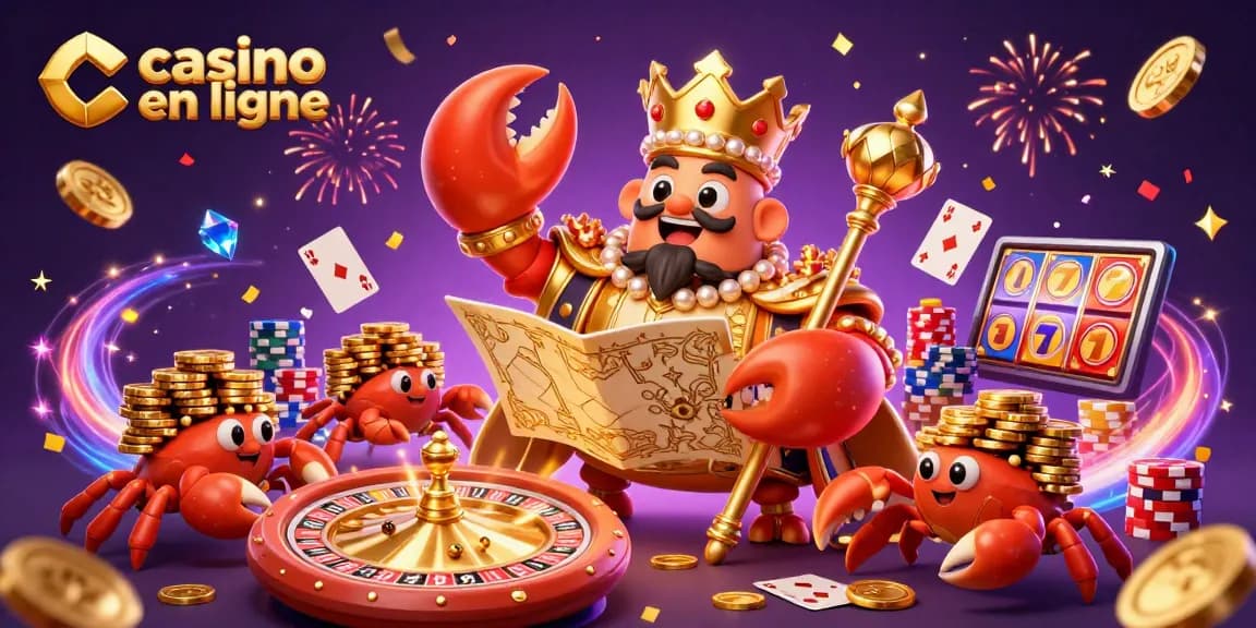 Montrez votre chance au casino en ligne avec ce crabe en or tenant des trésors scintillants.