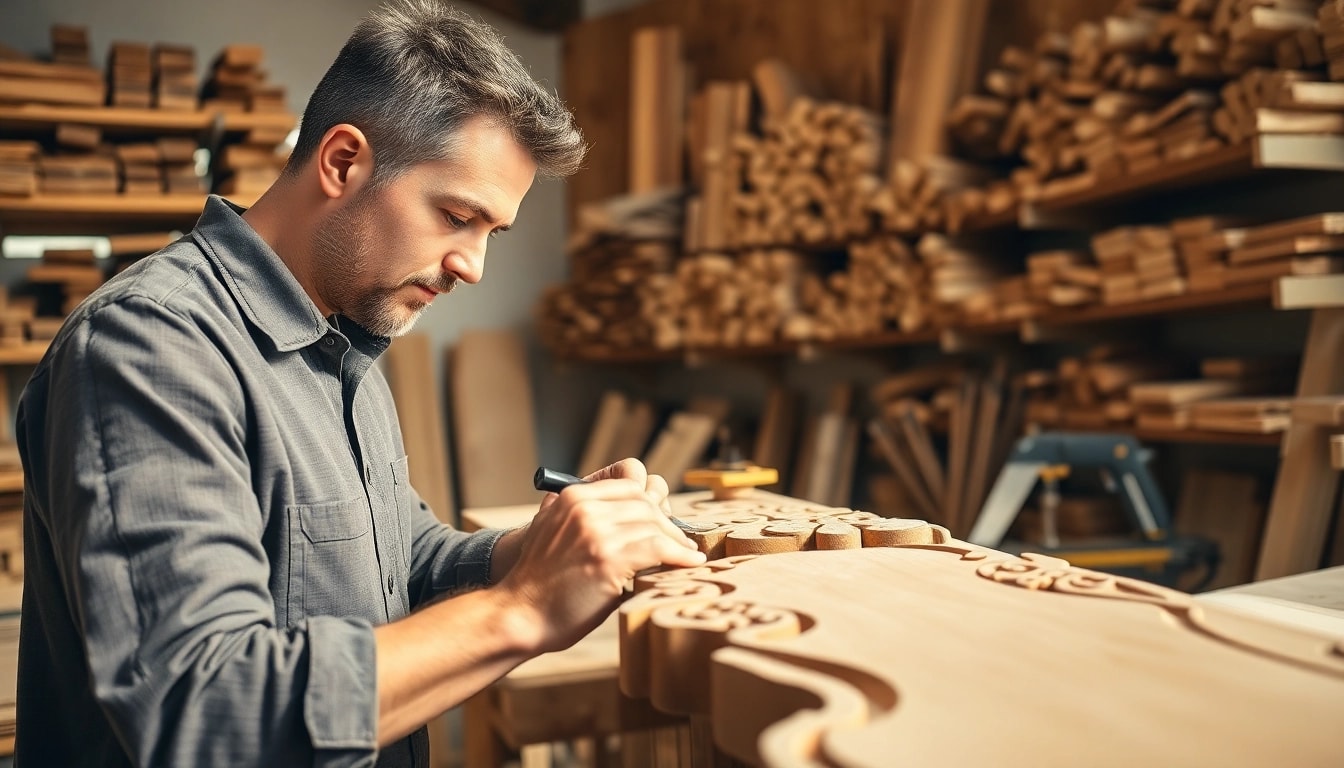 Engaging carpenter demonstrating skills during a carpentry apprenticeship in a well-lit workshop.