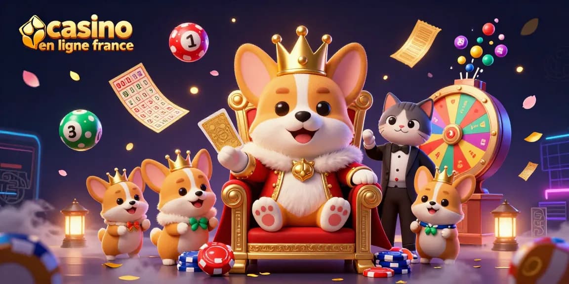 Visualisez le royaume des casinos en ligne en France avec un corgi royal, des jeux de loterie et des décorations scintillantes.