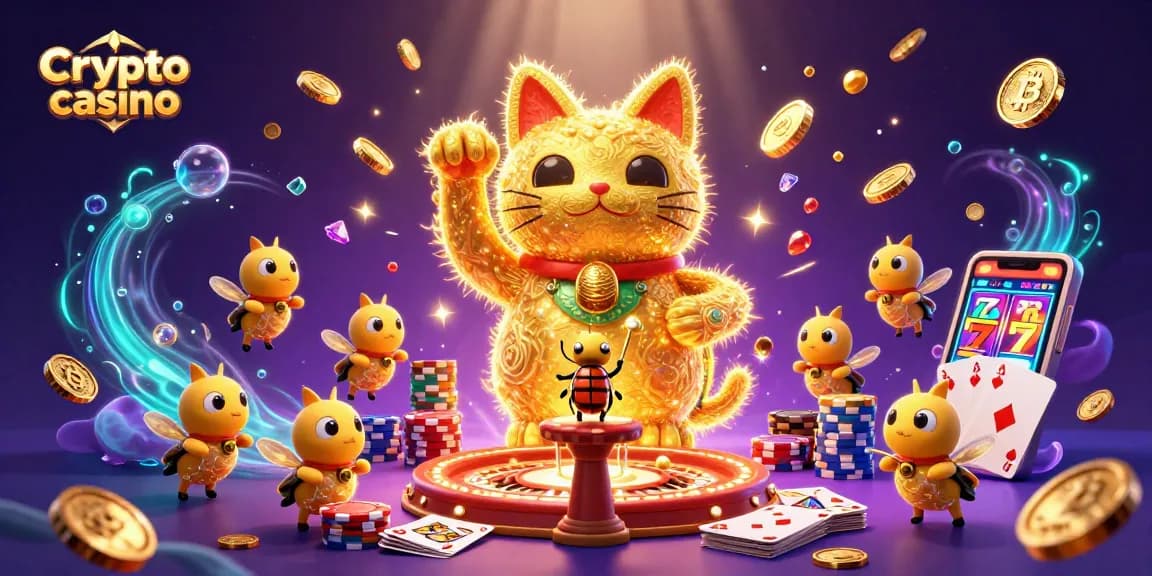 Une illustration d'un casino crypto avec un chat chanceux et des lumières dorées.