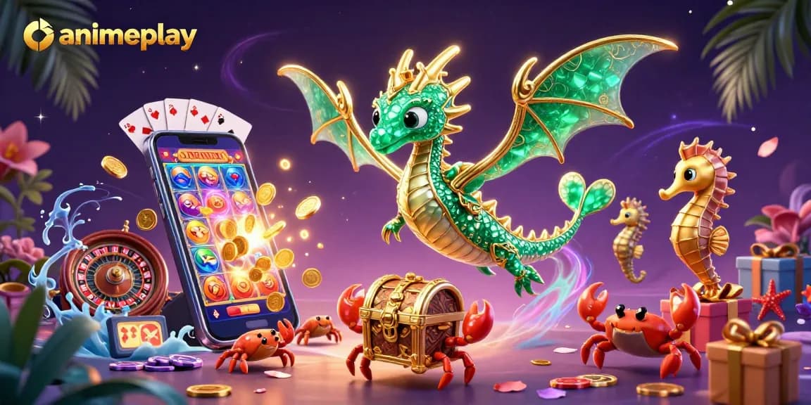 Menang dalam judi di animeplay dengan putaran slot berwarna-warni dan naga laut berkilau di latar belakang
