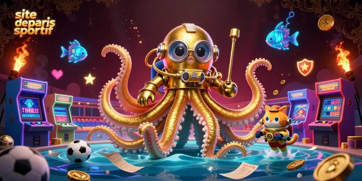 Pariez sur site de paris sportif avec un kraken cartoon et une ambiance de jeu dynamique.