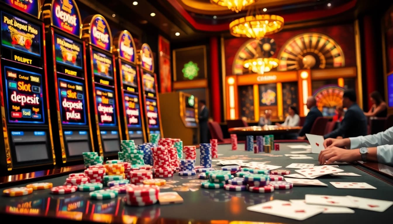 Adegan kasino yang menarik menampilkan permainan slot deposit pulsa dengan mesin berwarna-warni dan keping poker.
