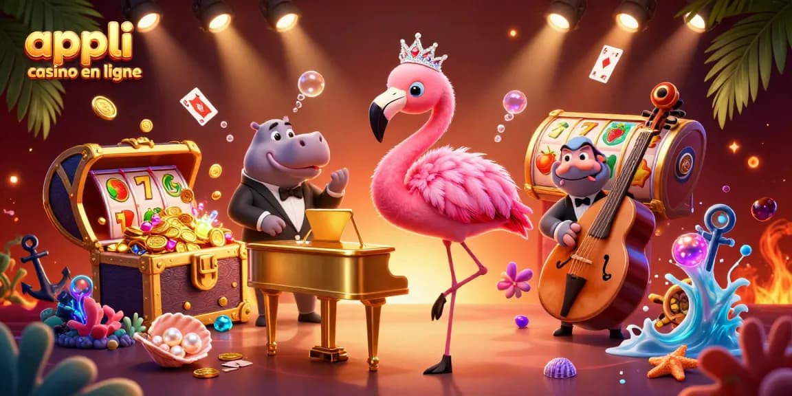 Illustration dynamique d'appli casino en ligne avec un flamant rose chanteur et un hippopotame contre une scène de casino.