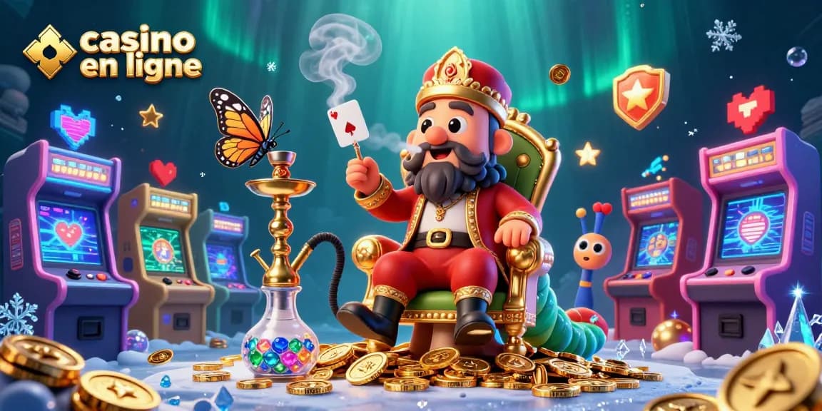 une illustration dynamique de casino en ligne avec des personnages de jeux vidéo et des éléments de poker
