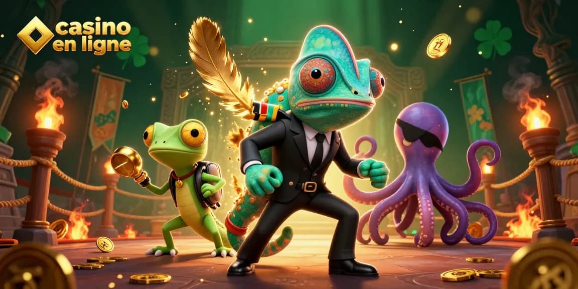 Un agent secret caméléon et ses compagnons au casino en ligne, entourés de pièces d'or et d'effets visuels captivants.