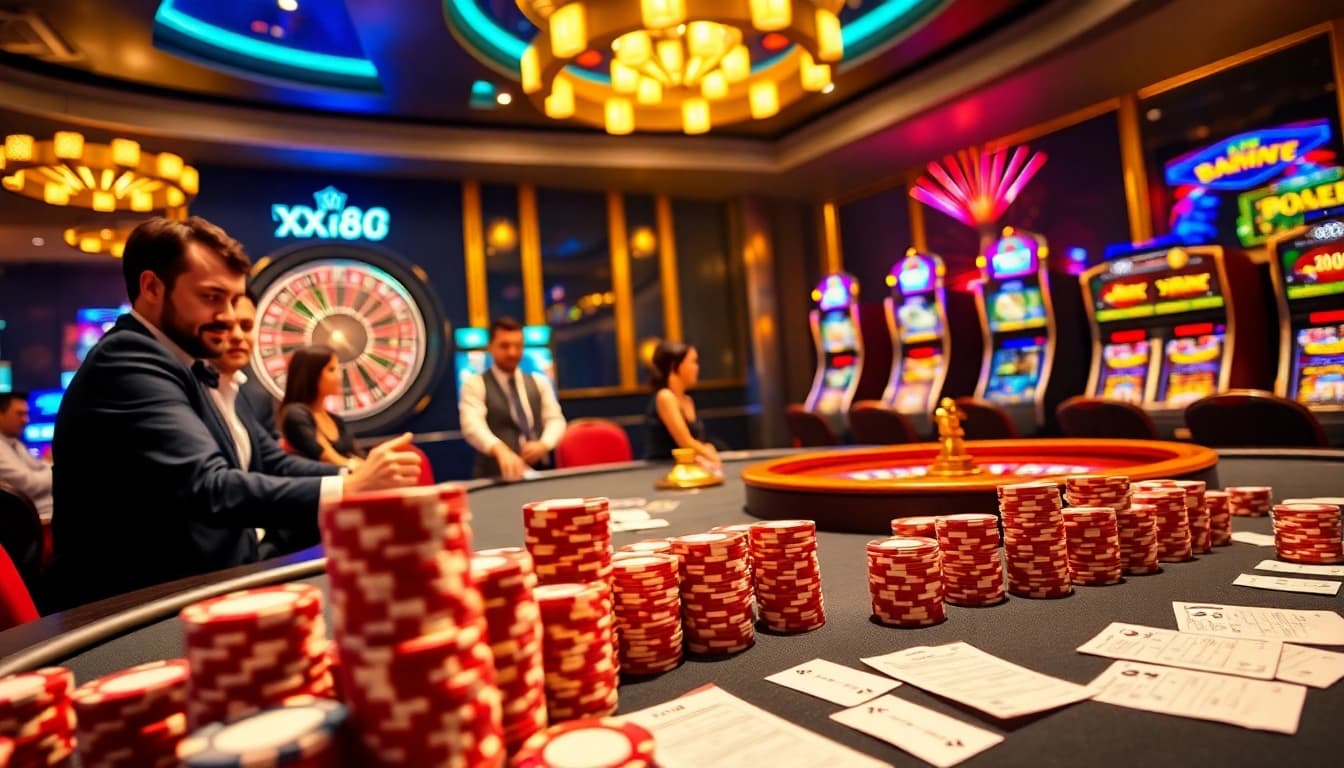 Players enjoying high-stakes gambling at XX88's luxury casino.