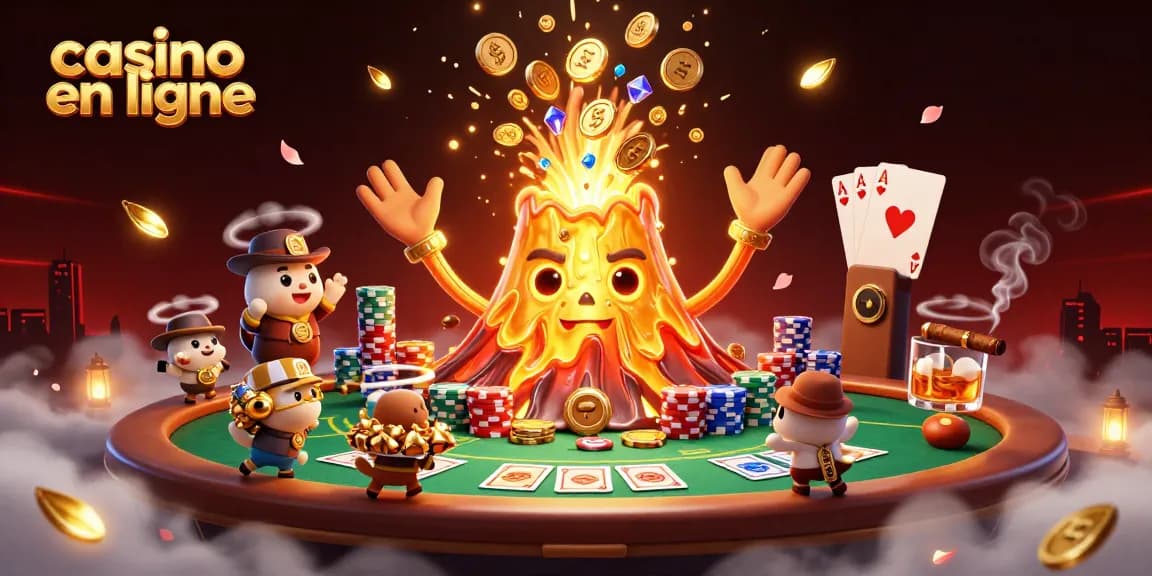 Plongez dans l'univers du casino en ligne avec un volcan doré triomphant émettant des trésors !