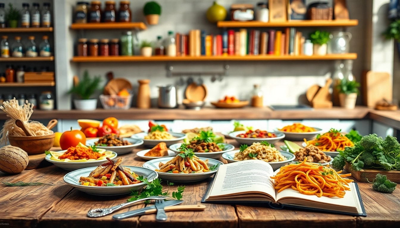 Dishfacts showcases beautifully garnished culinary creations and fresh ingredients in a vibrant kitchen scene.