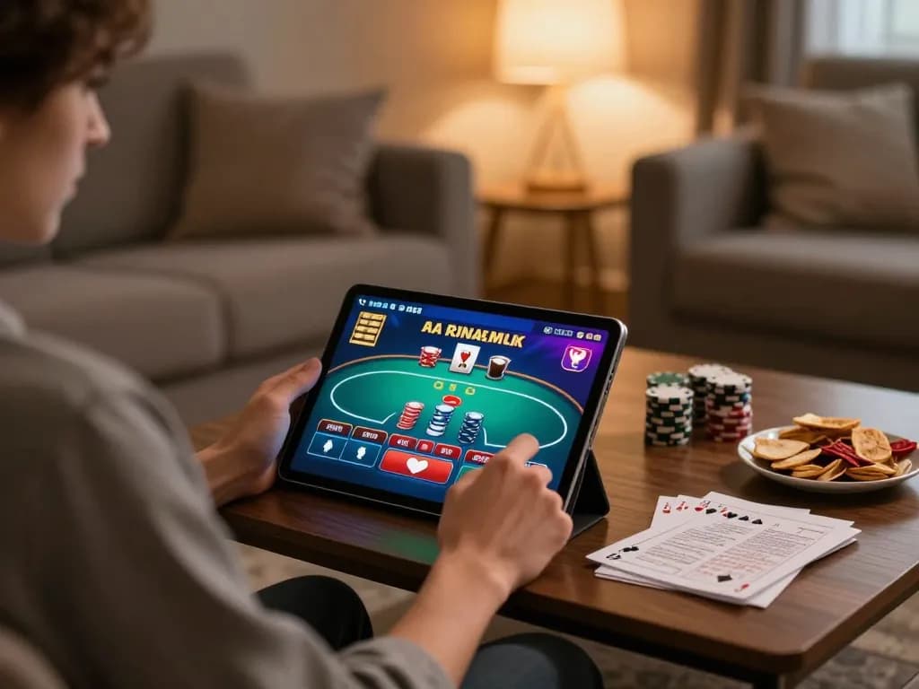 Engaging in poker strategy with vipwin on a tablet in a cozy living room.