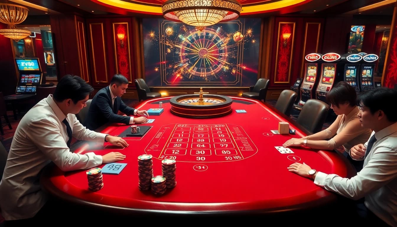 Players enjoying an exciting game of baccarat at the luxurious EV88 casino.