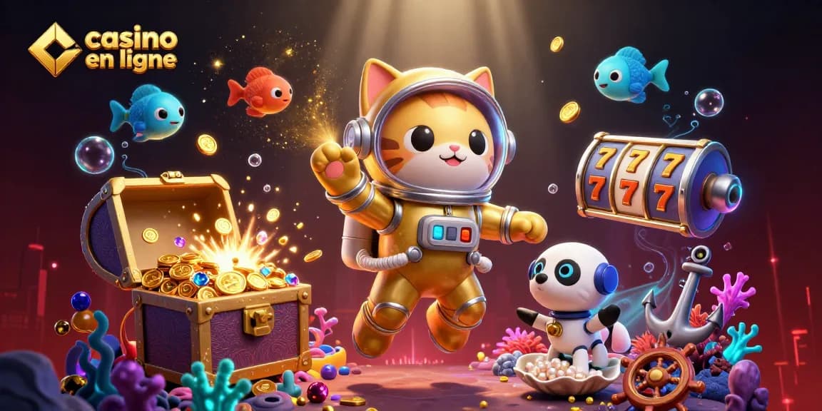 Gagnez au casino en ligne avec une illustration colorée de jeux et personnages spatiaux.