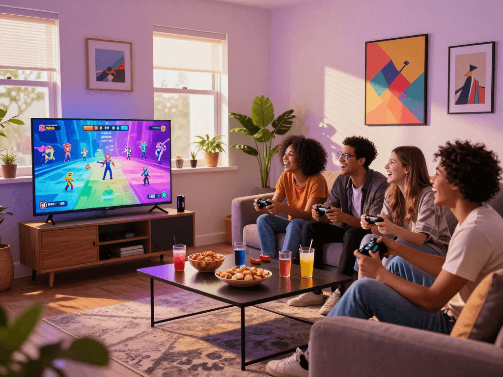 Friends enjoying an engaging adult game together on a large TV in a cozy living room.