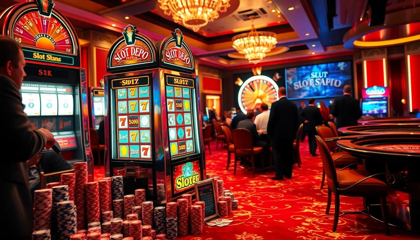 Pemain yang bersemangat menikmati Slot Depo 5k di kasino mewah, dikelilingi chip poker dan slip taruhan yang menyala.