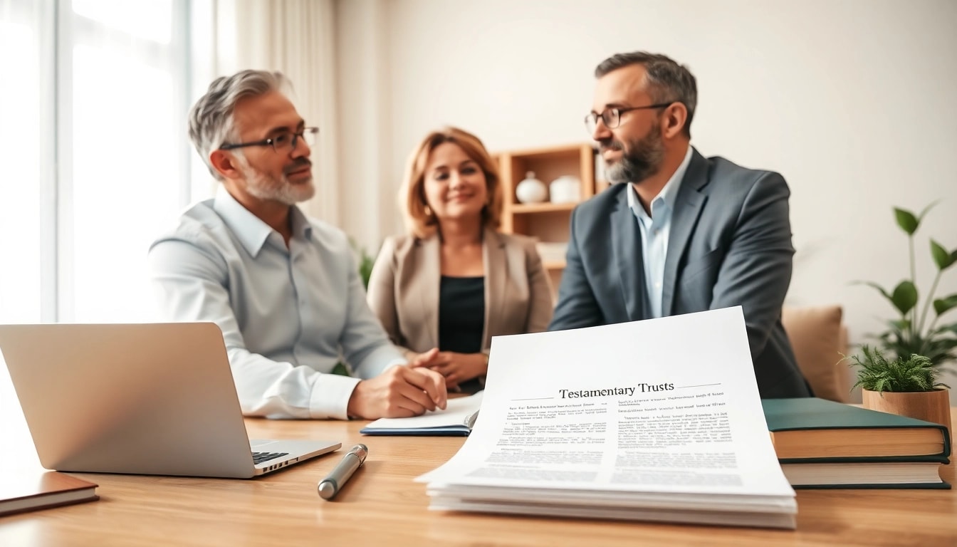Lawyer discussing testamentary trusts with a couple, highlighting legal documentation.