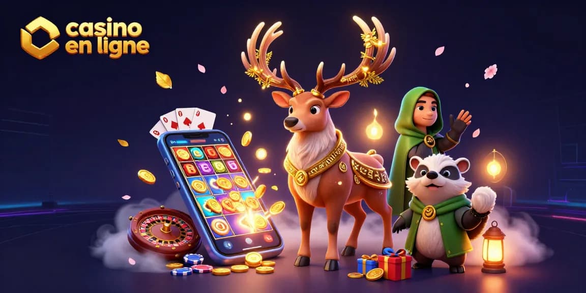 Plateau de jeu animé casino en ligne avec druid stag et badger, ambiance féerique.