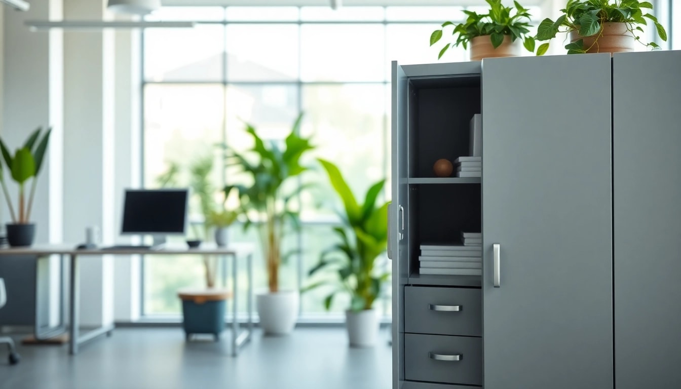 Organized steel cabinet in a modern office highlighting sleek design and functionality.