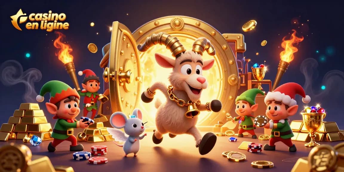 Casino en ligne avec un Krampus festif contrôlant un casino tout en or et des elfes espiègles.