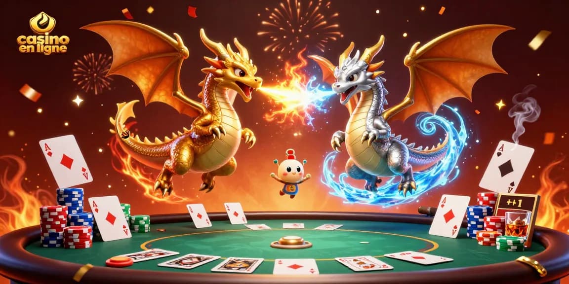 Jouez aux jeux de casino en ligne avec des dragons et des jetons colorés dans une scène festive.