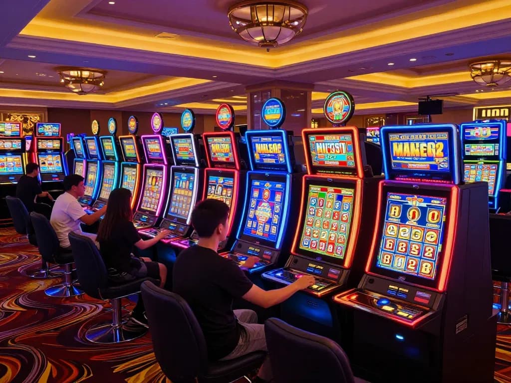 Players enjoying vibrant slot machines and celebrating wins in a bustling casino atmosphere