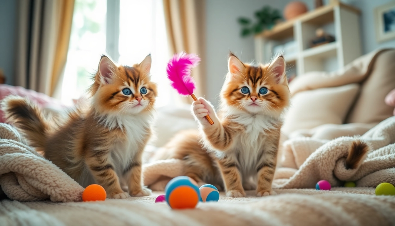 Playful Maine Coon kittens for sale enjoying a cozy home setting with colorful toys.
