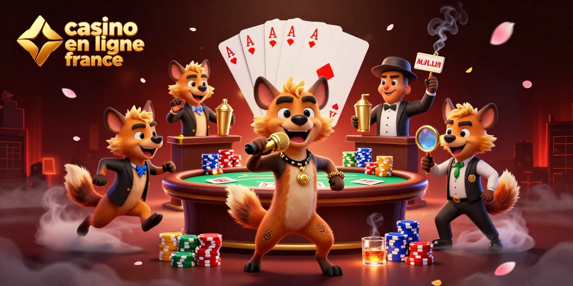 Animation humoristique de hyènes dans un casino en ligne France avec des jeux de cartes.
