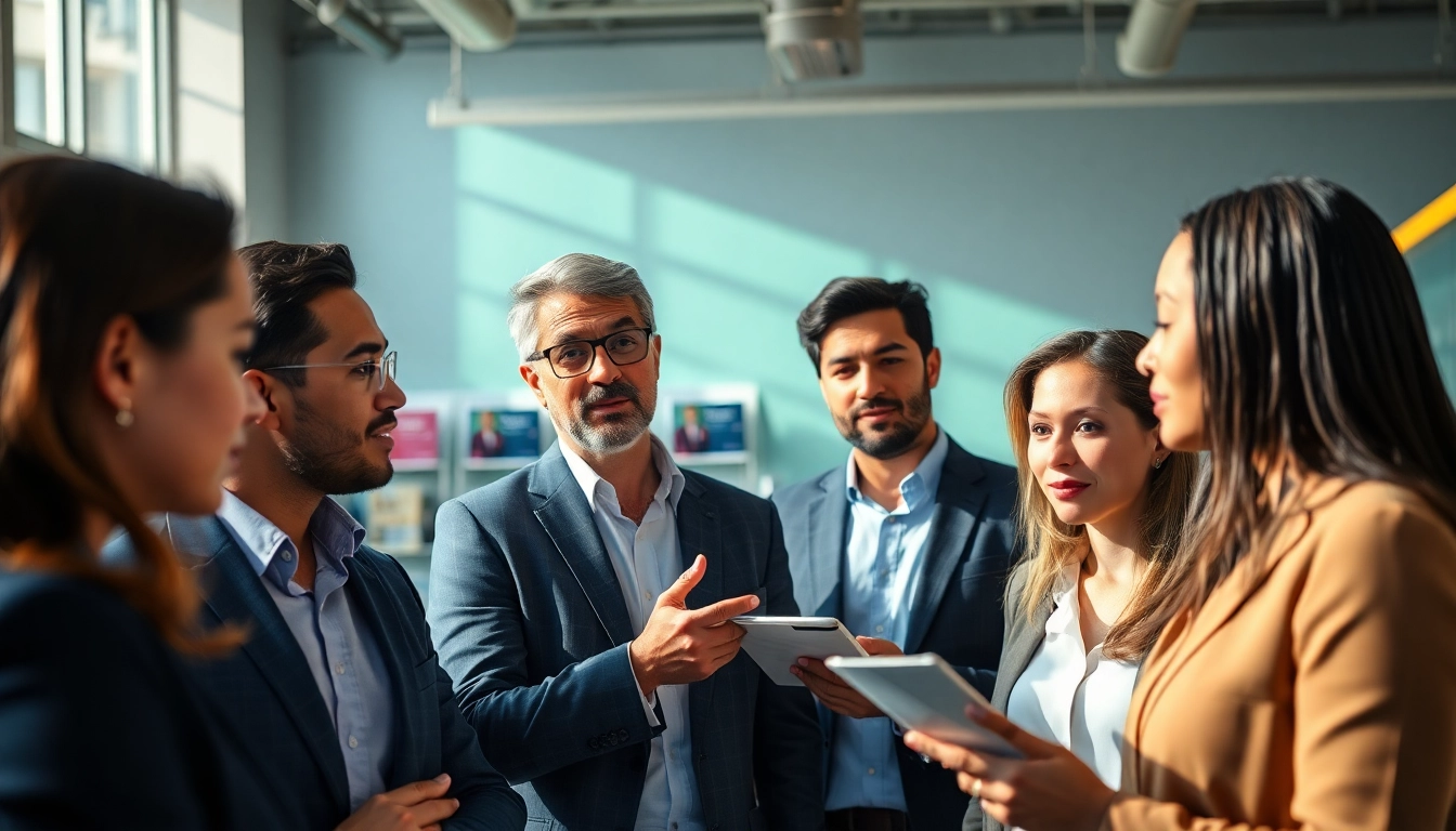 Engaging business professionals exploring Biz Trader opportunities in a modern setting.