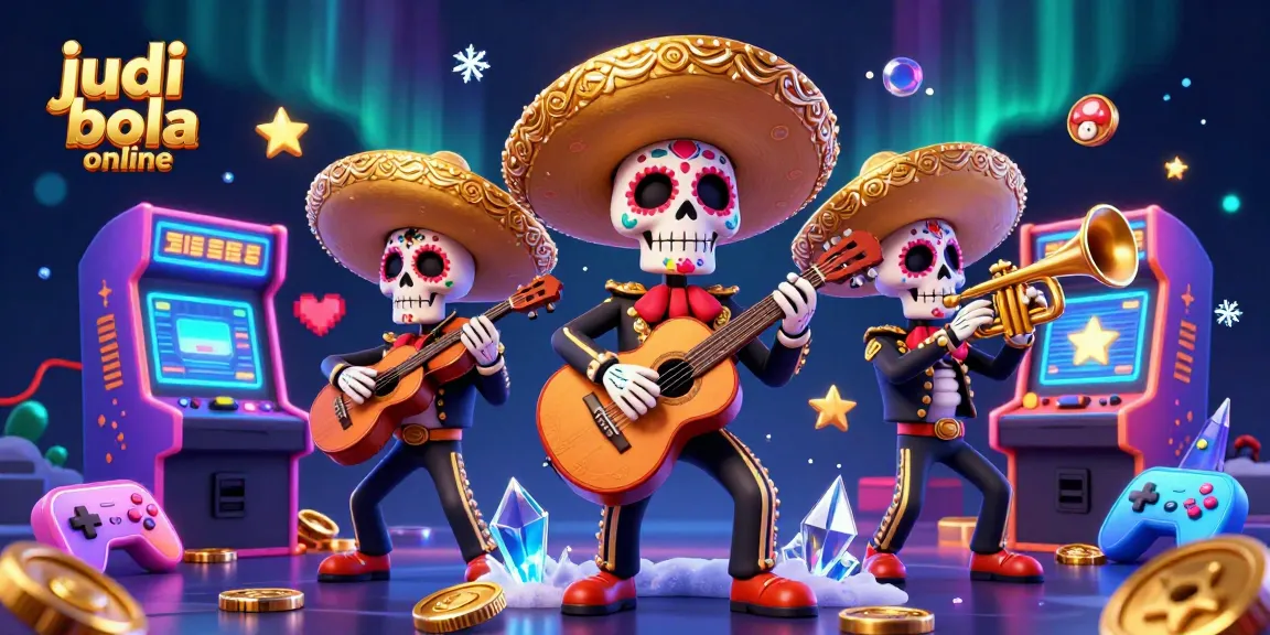 Engage in judi bola online action with a vibrant 3D illustration featuring mariachi skeletons and gaming elements.