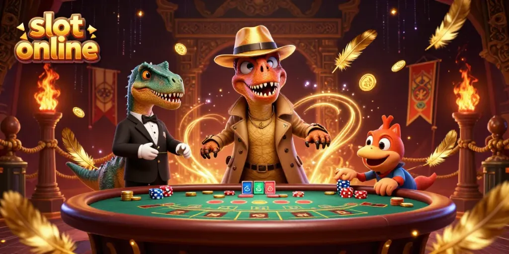 Experience thrilling slot online action with a velociraptor at a blackjack table in a vibrant casino scene.
