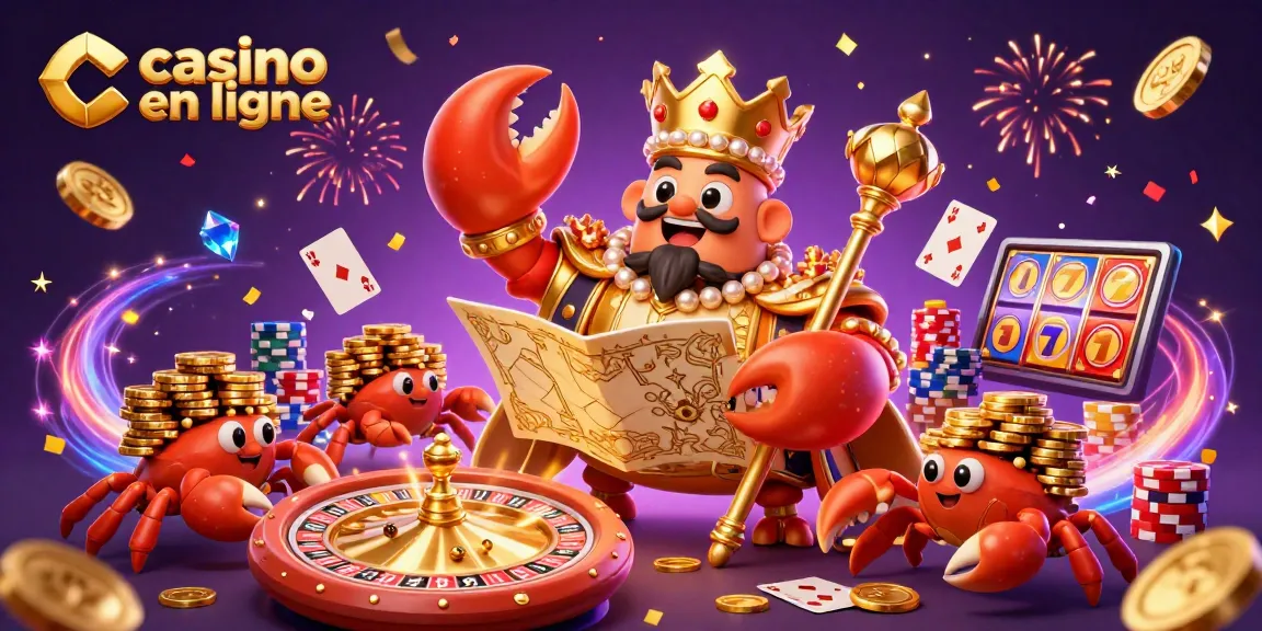 Montrez votre chance au casino en ligne avec ce crabe en or tenant des trésors scintillants.