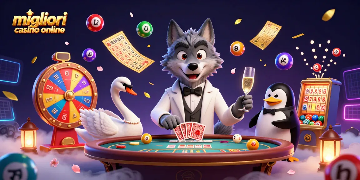 Illustrazione 3D dei migliori casino online, mostra un lupo, un cigno e un pinguino in un vivace ambiente di gioco.