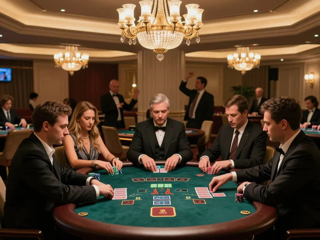 Playing สล็อต at an upscale casino blackjack table with focused players and dramatic lighting.