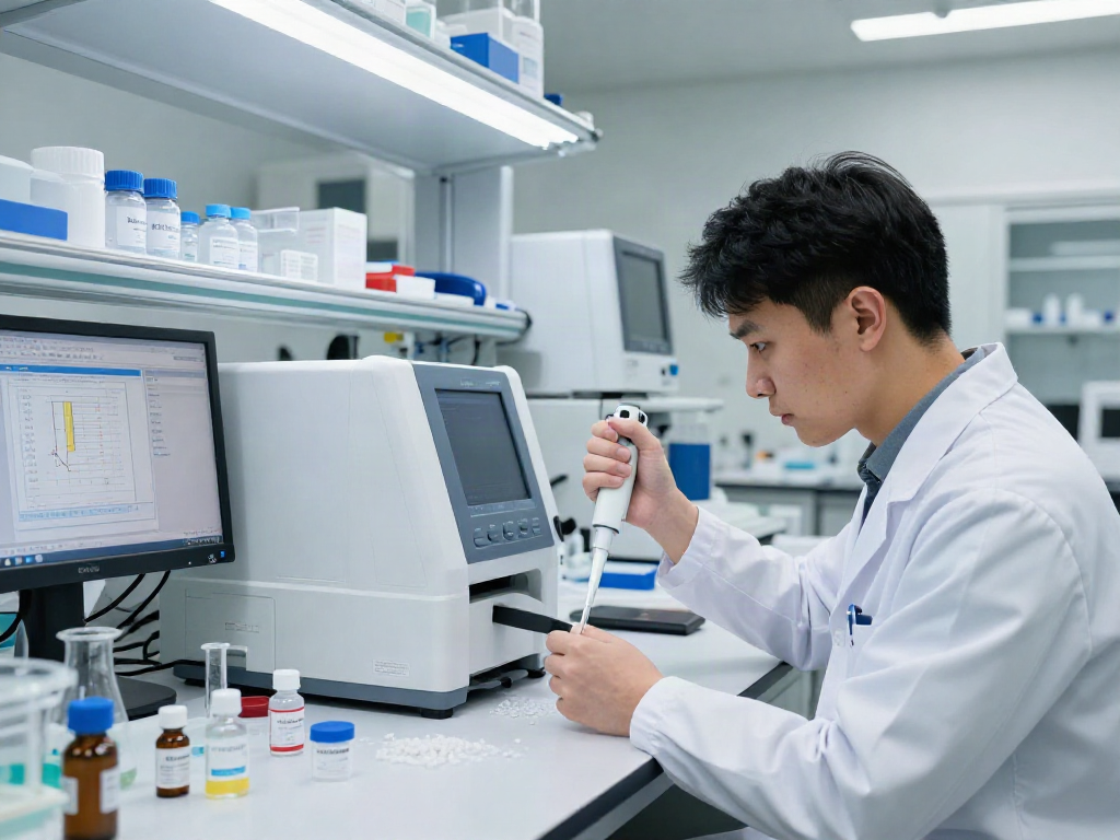 High-purity research peptides analysis in a lab, showcasing precision instruments and scientist's focus