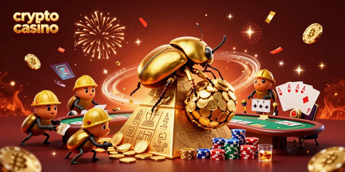 Participez à l'expérience du crypto casino avec un scarabée doré et des pièces de jeu scintillantes.