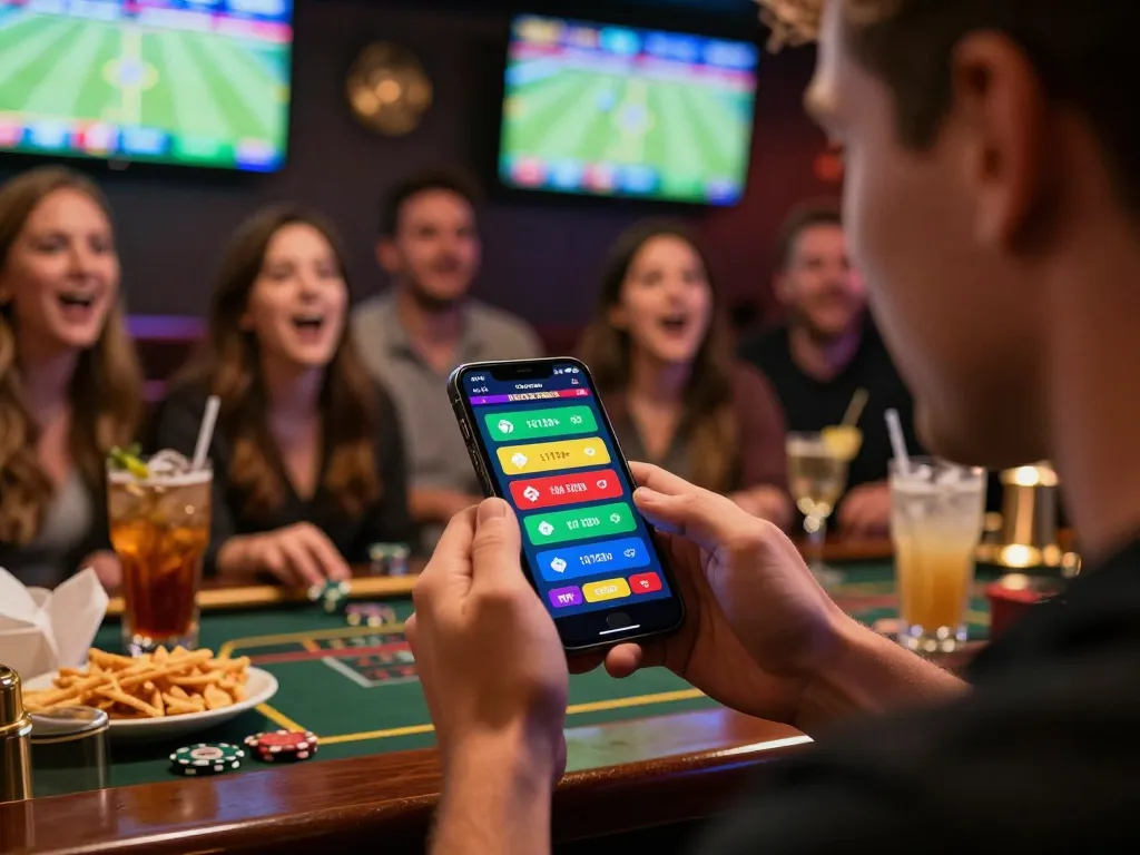 Engaging sports betting with mobile app at online casinos Canada, showcasing live odds and friends enjoying the atmosphere.